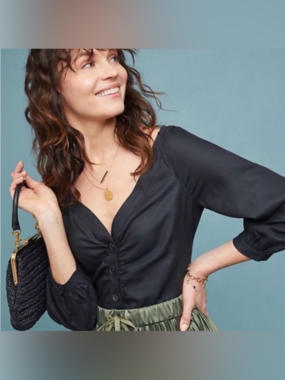 Anthropologie | Maeve Top Womens Size 10 Black Button Down